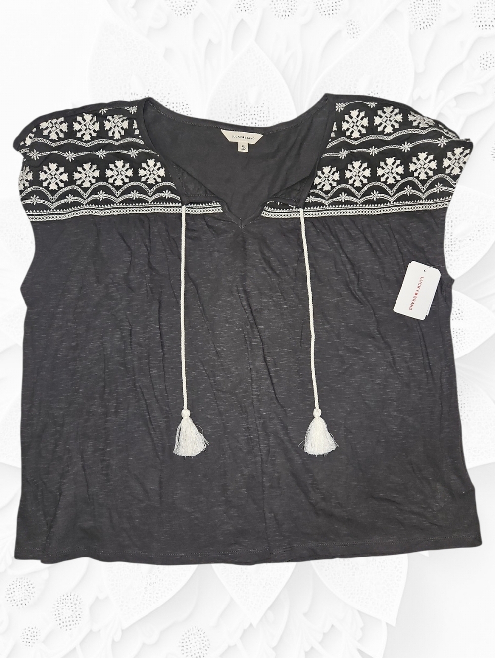Lucky Brand Charcoal Short-Sleeve Embroidered Tassel Tie Top XL NWT